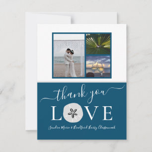 3 Photo collage  Sanddollar  Blue Wedding Thank Yo You Card
