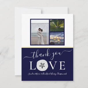 3 Photo collage Sanddollar Navy Blue Wedding Thank You Card