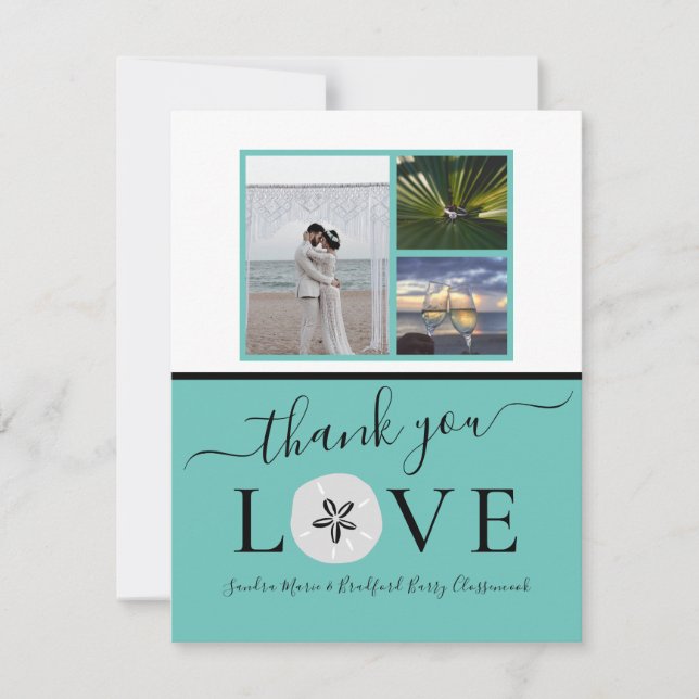 3 Photo collage  Sanddollar Teal Black Wedding Thank You Card (Front)