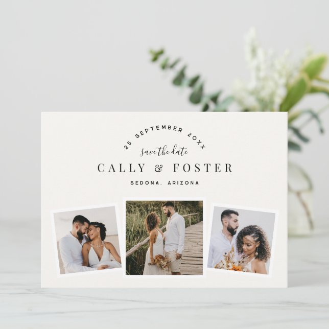 3 Photo Collage Save the Date Engagement Card  (Standing Front)