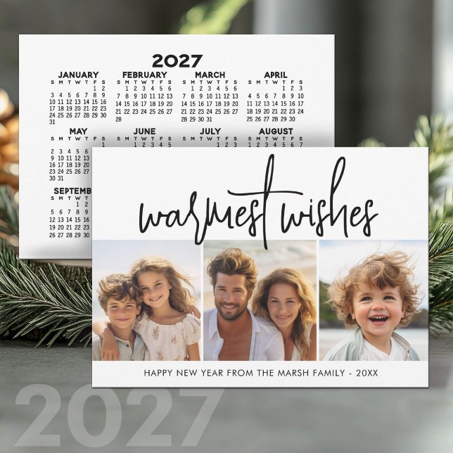 3 Photo Collage Script - 2027 Calendar HNY Holiday Card (Holiday Card with 2027 Calendar on the Back)