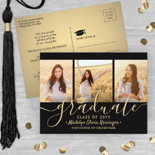 3 Photo Collage Script Black and Gold Graduation A Announcement Postcard