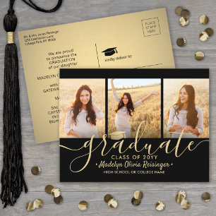 3 Photo Collage Script Black and Gold Graduation A Announcement Postcard