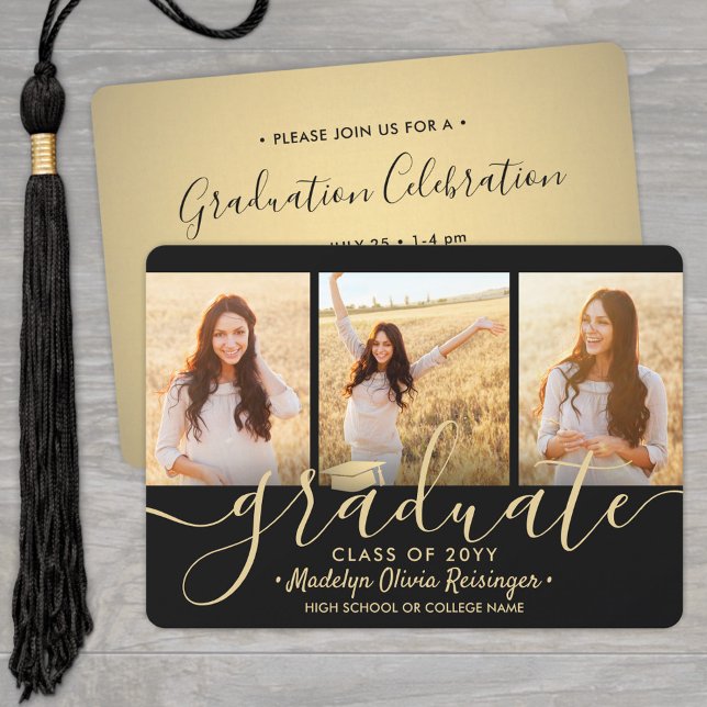 3 Photo Collage Script Black Gold Graduation Party Invitation (Creator Uploaded)