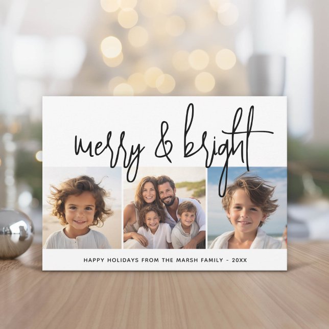 3 Photo Collage Script black white Merry Bright Holiday Card (Modern and Minimal Christmas Greeting Card)