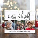 3 Photo Collage Script black white Merry Bright Holiday Card<br><div class="desc">A merry and bright holiday greeting with a rustic script calligraphy font. A mid-century modern feel with a geometric pattern on the back. This non-traditional design is a fresh approach that will make your family photos stand out.</div>