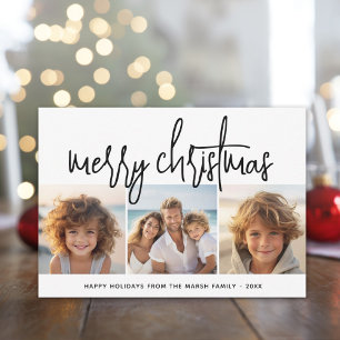3 Photo Collage Script black white Merry Christmas Holiday Card