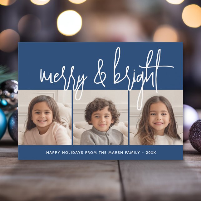 3 Photo Collage Script blue white Merry Bright Holiday Card (Modern Christmas Photo Greeting Card)