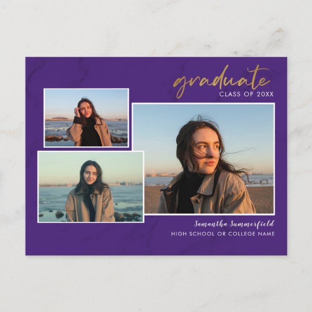 3 Photo Collage Script Grad 2022 Purple Graduation Announcement Postcard (Front)
