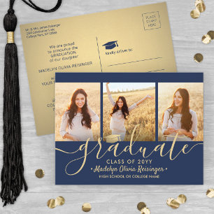 3 Photo Collage Script Navy Blue & Gold Graduation Announcement Postcard