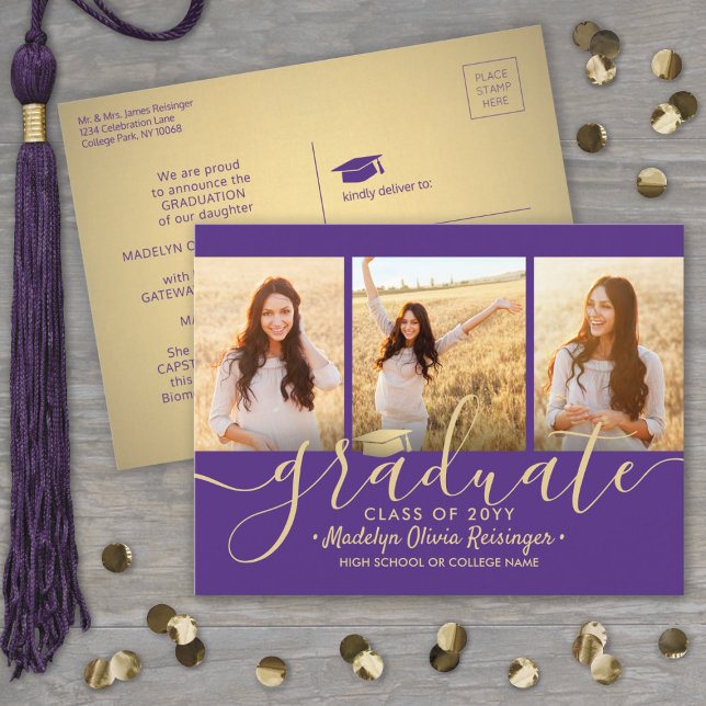 3 Photo Collage Script Purple and Gold Graduation Announcement Postcard (Creator Uploaded)