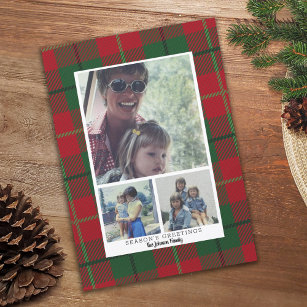 3 Photo Collage Season's Greeting red green plaid Holiday Card