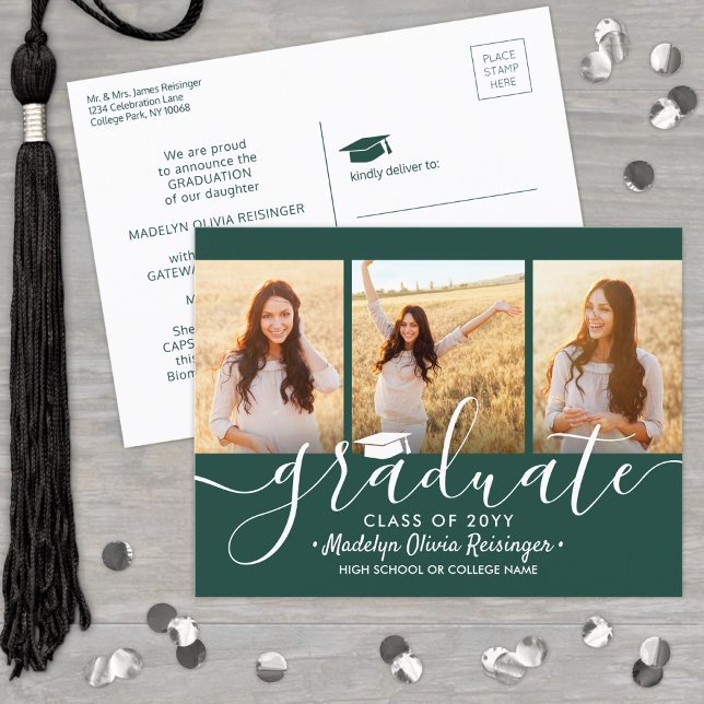 3 Photo Collage Simple Dark Green White Graduation Announcement Postcard (Creator Uploaded)