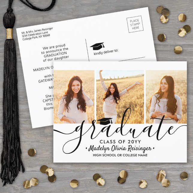 3 Photo Collage Simple Modern Script Graduation Announcement Postcard (Creator Uploaded)