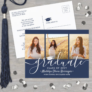 3 Photo Collage Simple Navy Blue White Graduation Announcement Postcard
