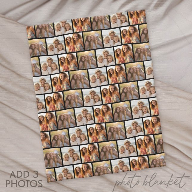 3 Photo Collage - Staggered Pattern - Black Fleece Blanket (Custom Photo Blanket)