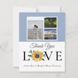 3 Photo collage  Sunflower Dusty Blue Wedding  Thank You Card