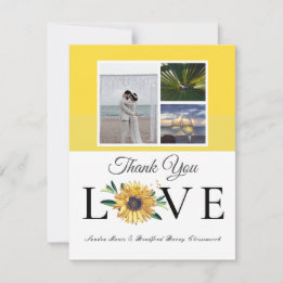 3 Photo collage  Sunflower Grey Yellow Wedding Thank You Card