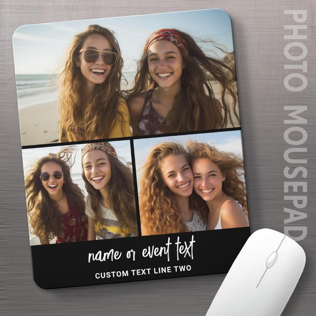 3 Photo Collage with Script Text - black white Mouse Pad (Photo Mousepad - Add Your Photos and Make a Unique Gift for Family and Friends!)