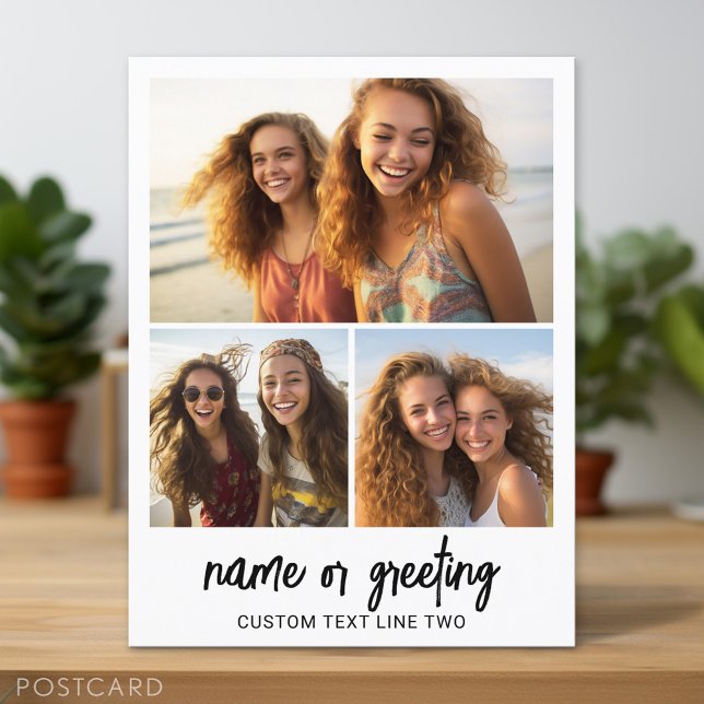 3 Photo Collage with Script Text - black white Postcard (Personalized Photo Postcard)