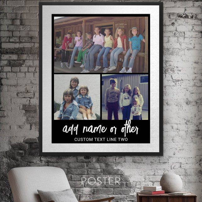 3 Photo Collage with Script Text - black white Poster (Personalized Poster - Add your photos and text)