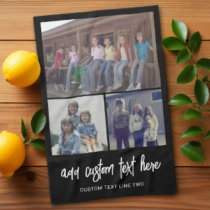 3 Photo Collage with Script Text - black white Tea Towel