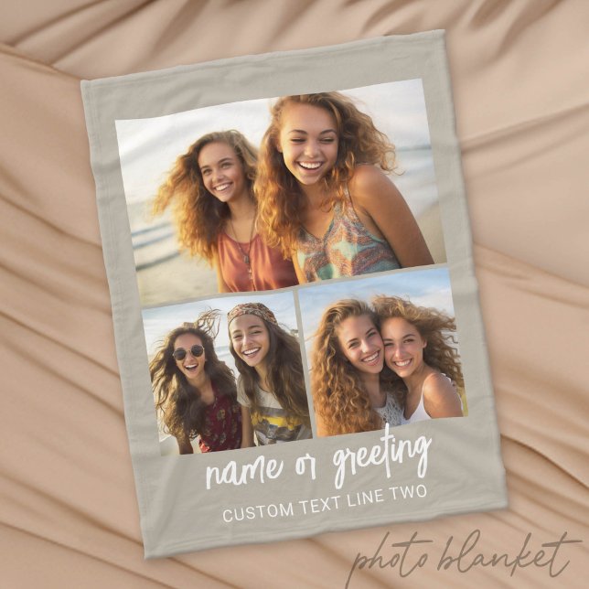 3 Photo Collage with Script Text - taupe white Fleece Blanket (Custom Photo Blanket)