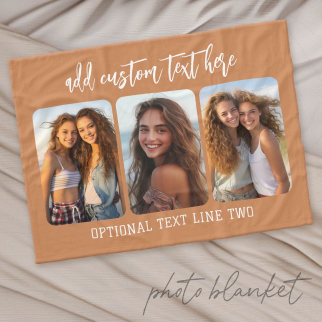 3 Photo Collage with trendy bounce script Fleece Blanket (Custom Fleece Photo Blanket)