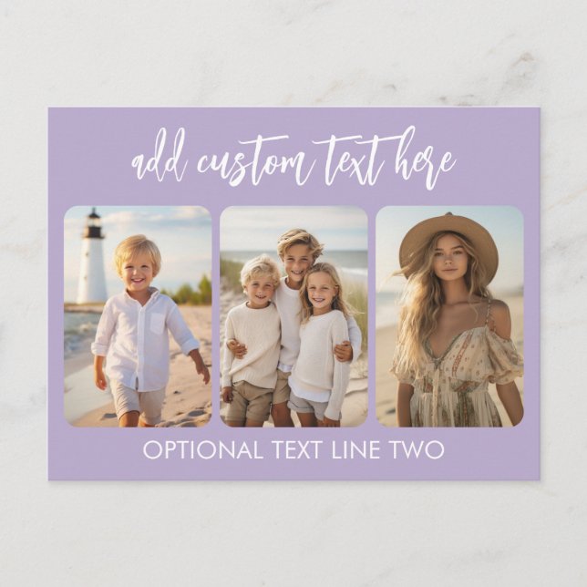 3 Photo Collage with trendy bounce script purple Postcard (Front)