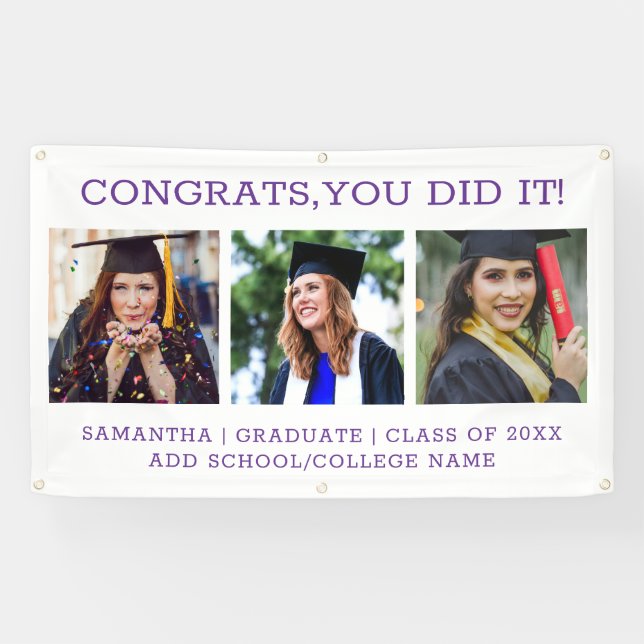 3 Photo Congrats Graduate 2023 Purple And White   Banner (Horizontal)