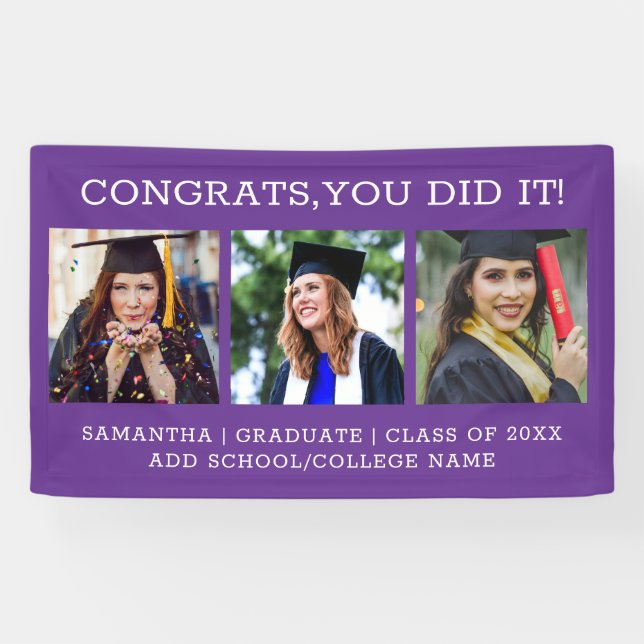 3 Photo Congrats Graduate 2025 Graduation Purple Banner (Horizontal)
