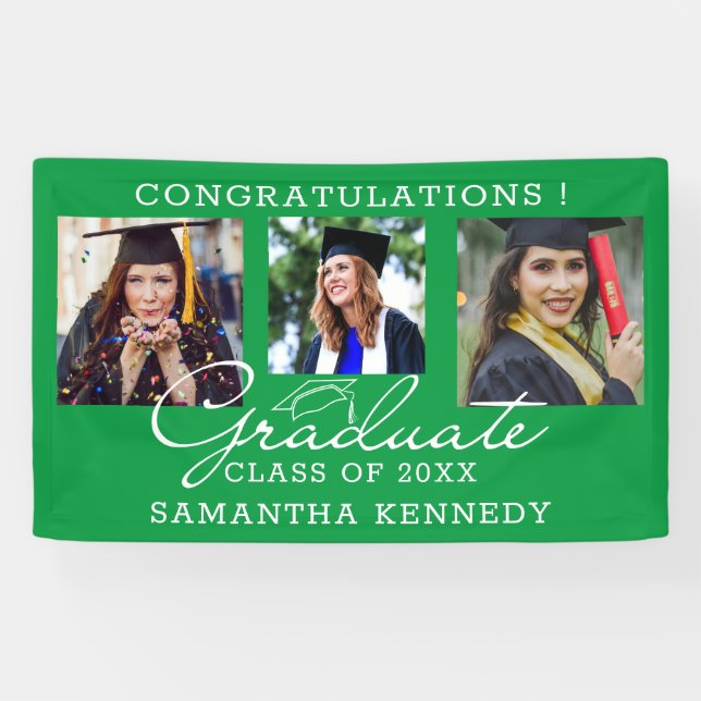 3 Photo Congratulations Graduate Graduation Green Banner (Horizontal)
