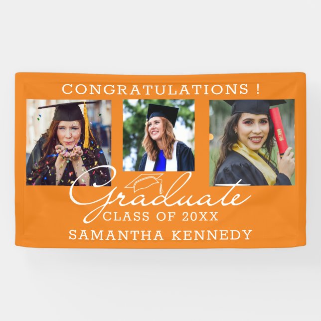 3 Photo Congratulations Graduate Graduation Orange Banner (Horizontal)