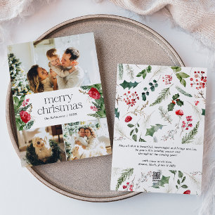 3 Photo Custom Message Botanical Merry Christmas Holiday Card