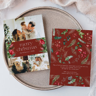 3 Photo Custom Message Red Botanical Christmas Holiday Card