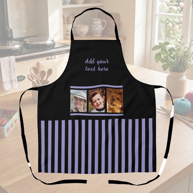 3 photo custom text black purple striped  apron (Creator Uploaded)