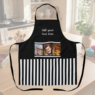 3 photo custom text black white striped  apron