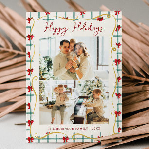 3 Photo Cute Red Green Bow Pattern Happy Holidays Holiday Card