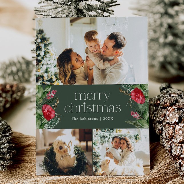 3 Photo Dark Green Botanical Merry Christmas Card (Creator Uploaded)