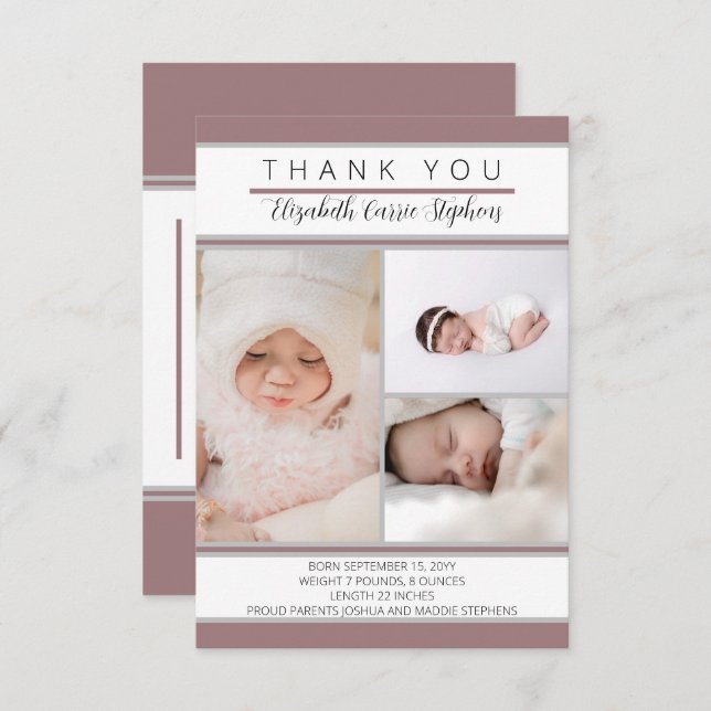 3 Photo Dk Rose Baby Shower |Birth Announcemen Thank You Card (Front/Back)