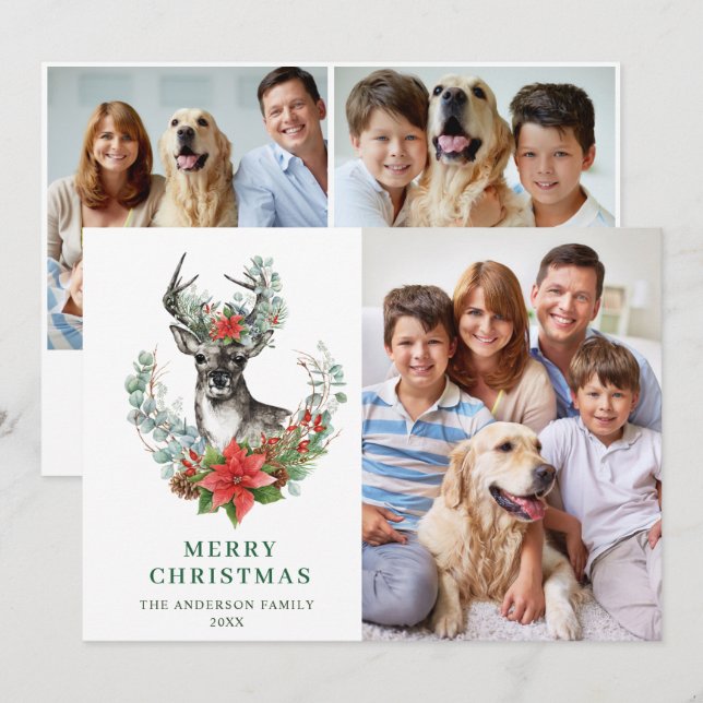 3 PHOTO Elegant Christmas Deer Poinsettia Greeting Holiday Card (Front/Back)