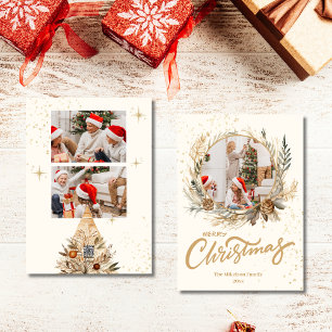3 Photo Elegant Gold Glitter Floral   Christmas Holiday Card