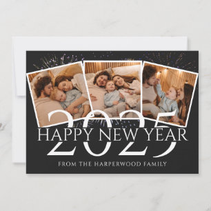 3 Photo Elegant Modern Firework Happy New Year Holiday Card