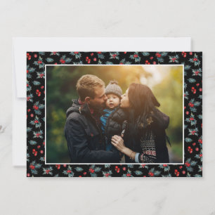 3 Photo Elegant Painted Holly   Peace Love Black Holiday Card