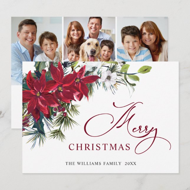 3 PHOTO Elegant Poinsettia Christmas Greeting Holiday Card (Front/Back)