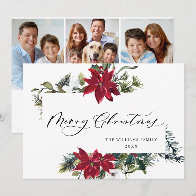 3 PHOTO Elegant Poinsettia Christmas Greeting Holiday Card (Front/Back)