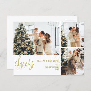3 Photo Elegant Script Modern Happy New Year Holiday Postcard