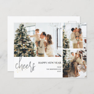 3 Photo Elegant Script Modern Happy New Year Holiday Postcard