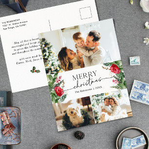 3 Photo Elegant Winter Botanical Merry Christmas Postcard