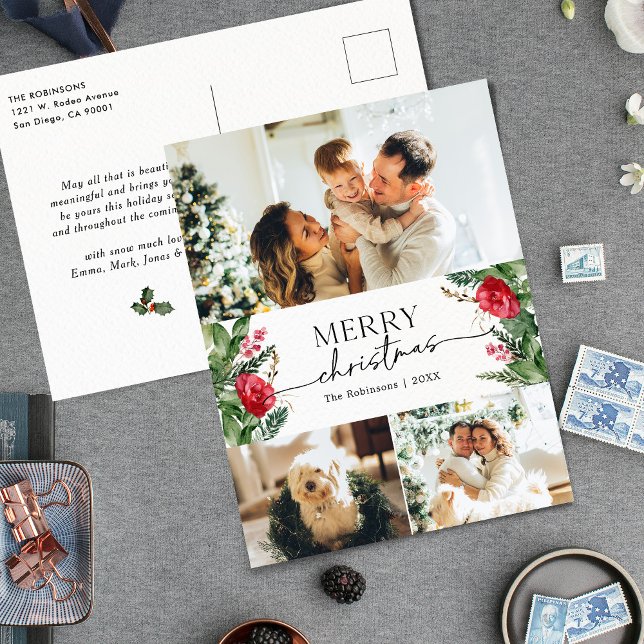 3 Photo Elegant Winter Botanical Merry Christmas Postcard (Creator Uploaded)